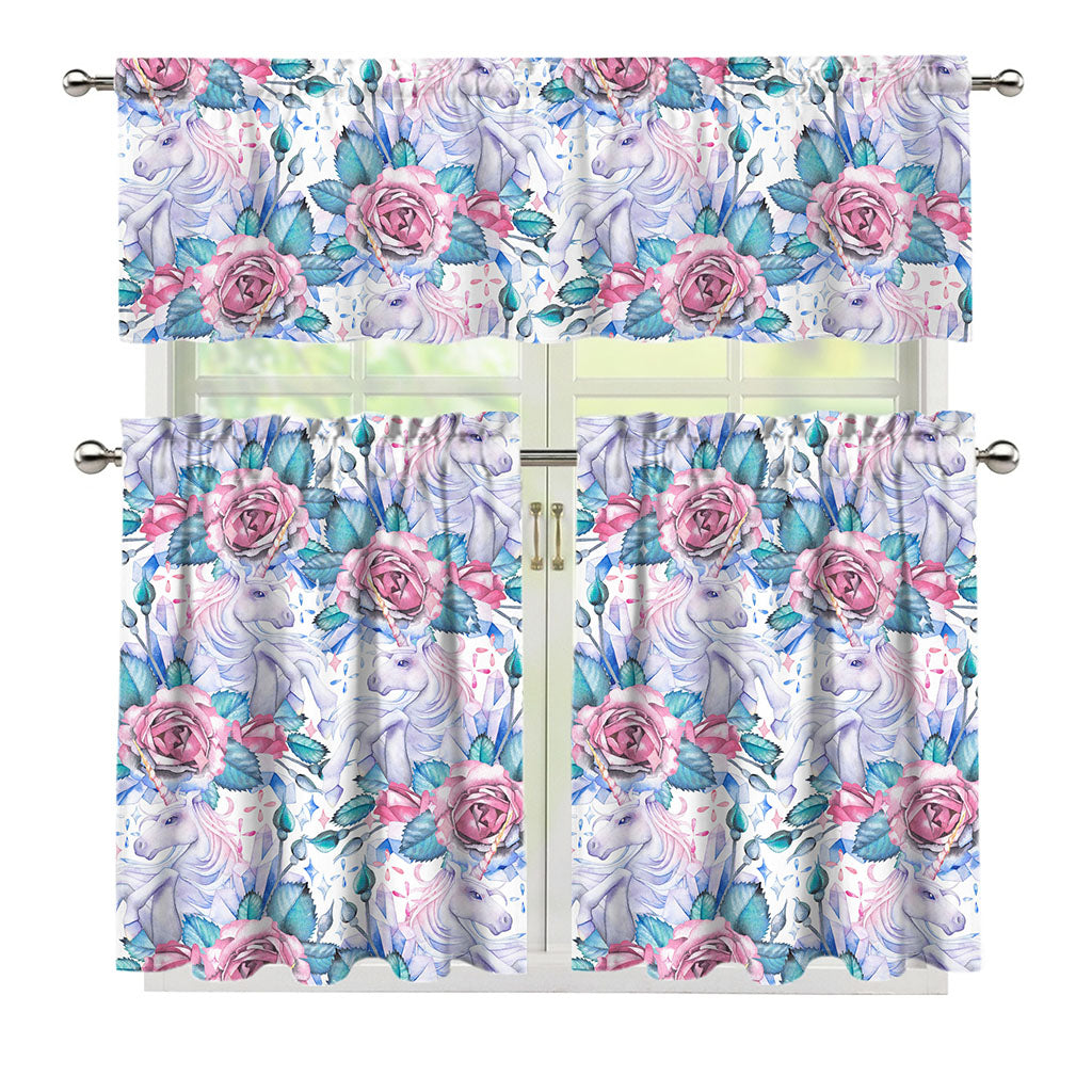 White Fairy Rose Unicorn Pattern Print 3 Piece Kitchen Curtains