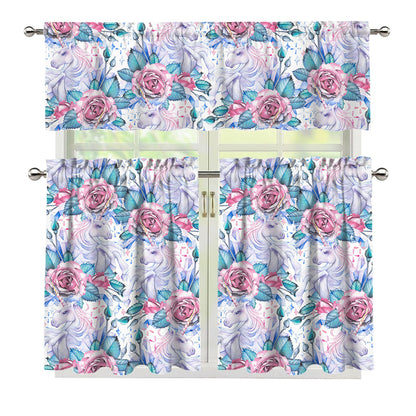 White Fairy Rose Unicorn Pattern Print 3 Piece Kitchen Curtains