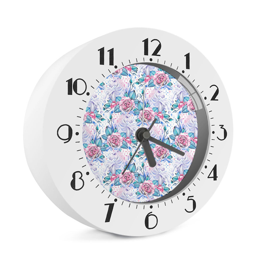 White Fairy Rose Unicorn Pattern Print Alarm Clock