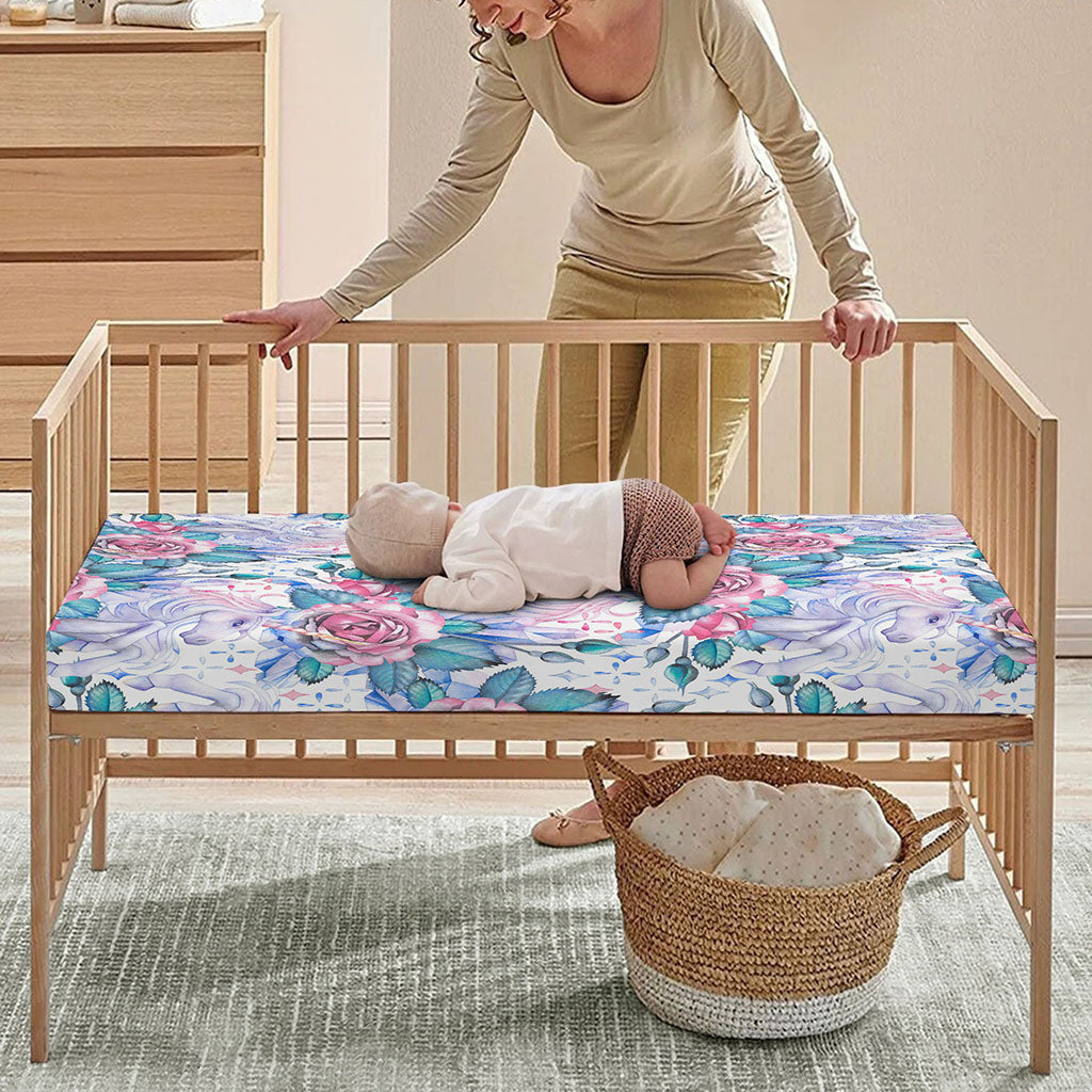 White Fairy Rose Unicorn Pattern Print Baby Crib Sheet