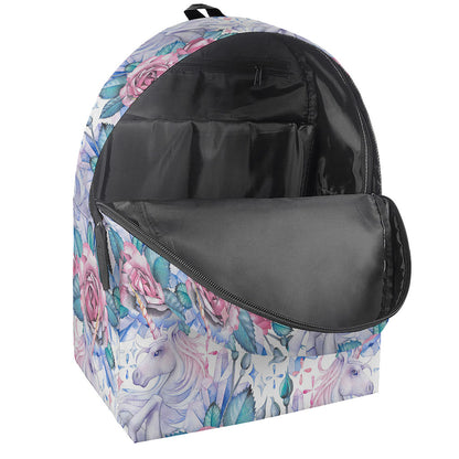 White Fairy Rose Unicorn Pattern Print Backpack
