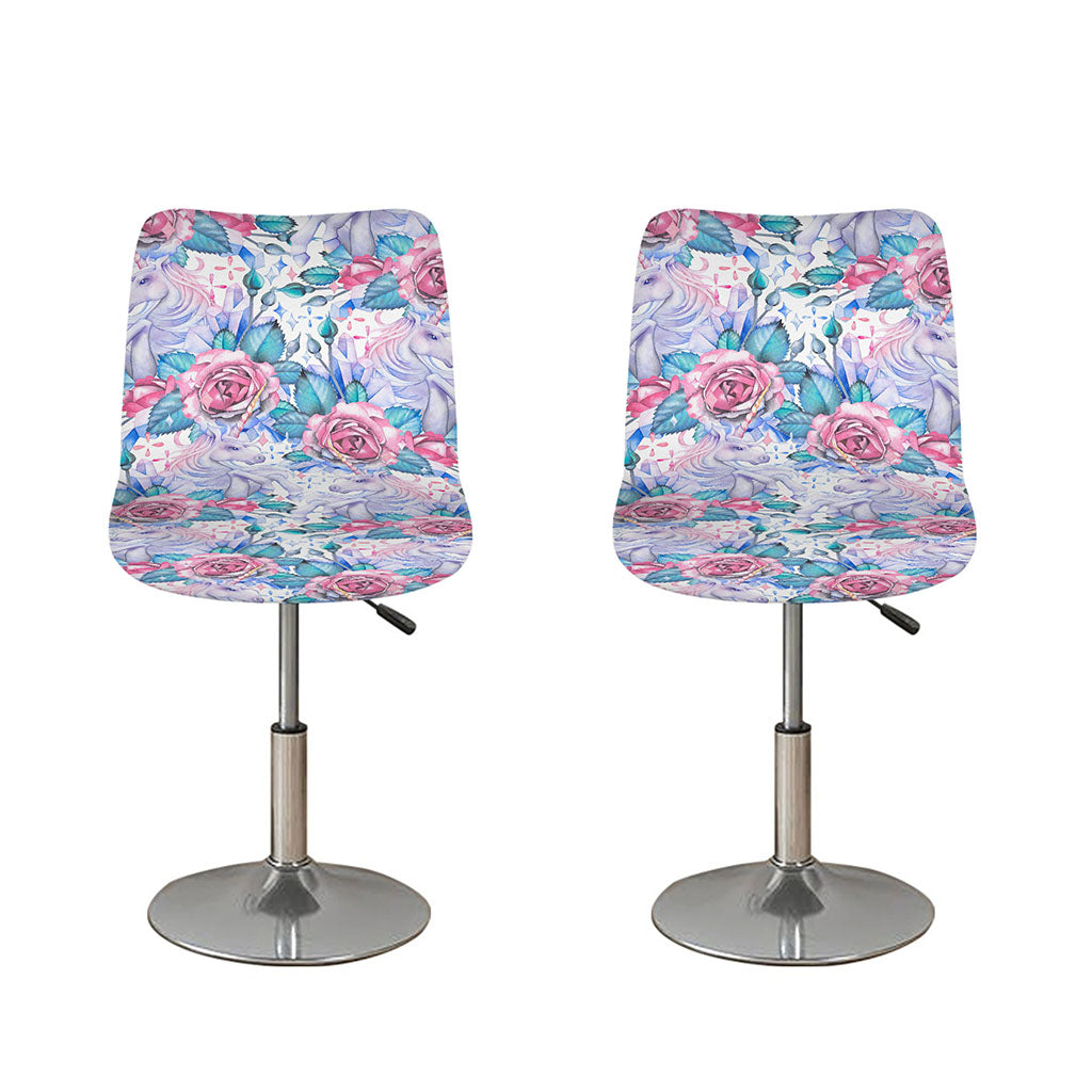 White Fairy Rose Unicorn Pattern Print Bar Stool Covers
