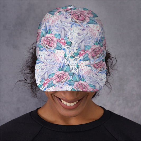 White Fairy Rose Unicorn Pattern Print Baseball Cap