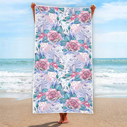 White Fairy Rose Unicorn Pattern Print Beach Towel