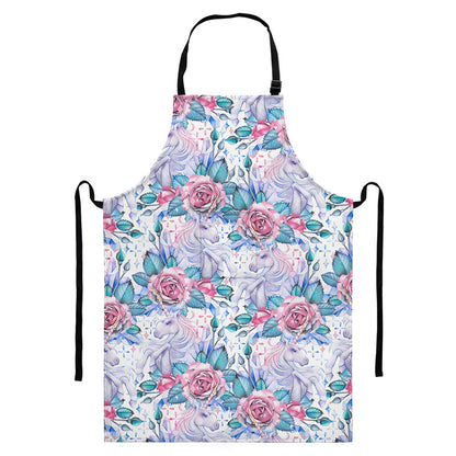 White Fairy Rose Unicorn Pattern Print Bib Apron With Pocket