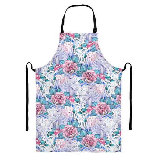 White Fairy Rose Unicorn Pattern Print Bib Apron With Pocket