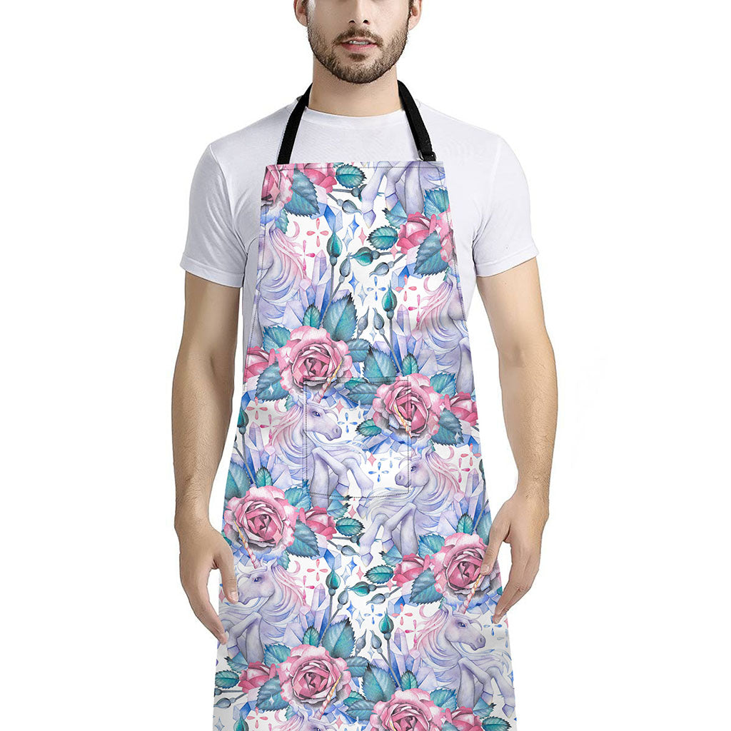 White Fairy Rose Unicorn Pattern Print Bib Apron With Pocket