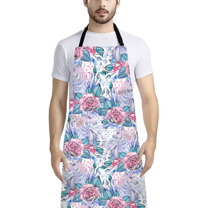 White Fairy Rose Unicorn Pattern Print Bib Apron With Pocket