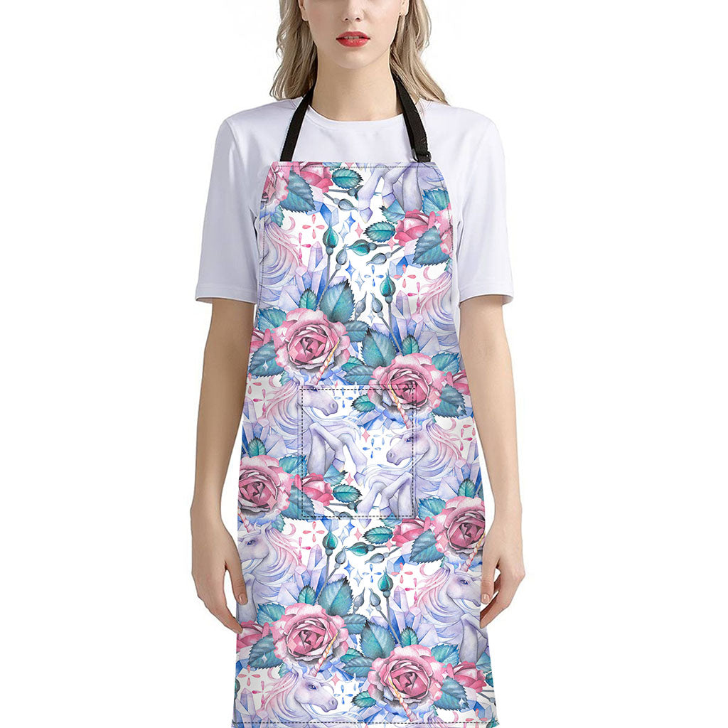White Fairy Rose Unicorn Pattern Print Bib Apron With Pocket