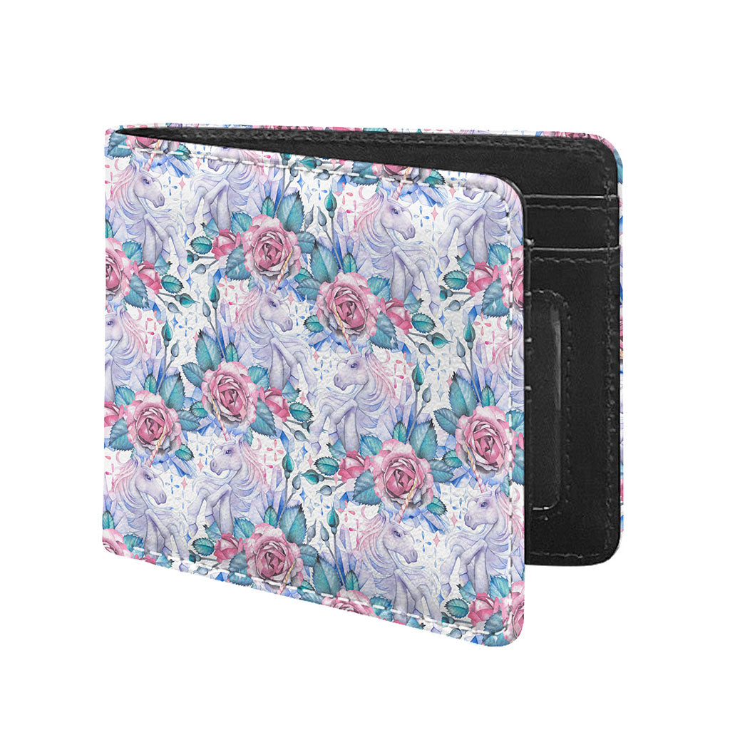 White Fairy Rose Unicorn Pattern Print Bifold Wallet