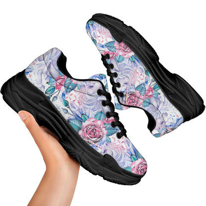 White Fairy Rose Unicorn Pattern Print Black Chunky Shoes
