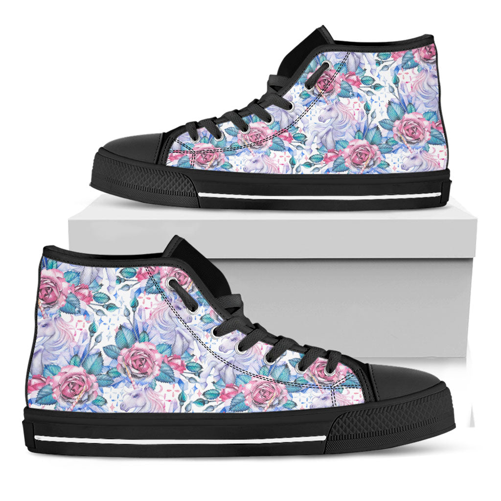 White Fairy Rose Unicorn Pattern Print Black High Top Sneakers