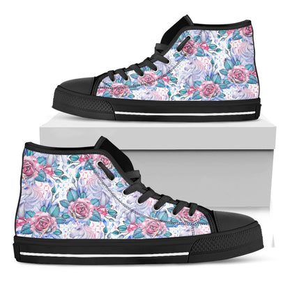 White Fairy Rose Unicorn Pattern Print Black High Top Sneakers