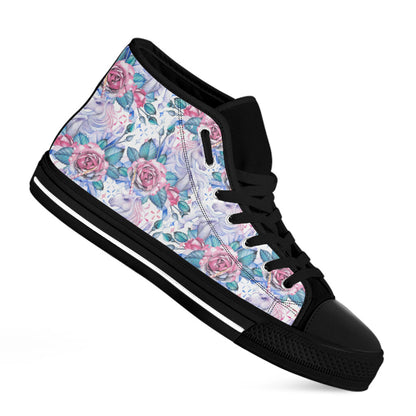 White Fairy Rose Unicorn Pattern Print Black High Top Sneakers