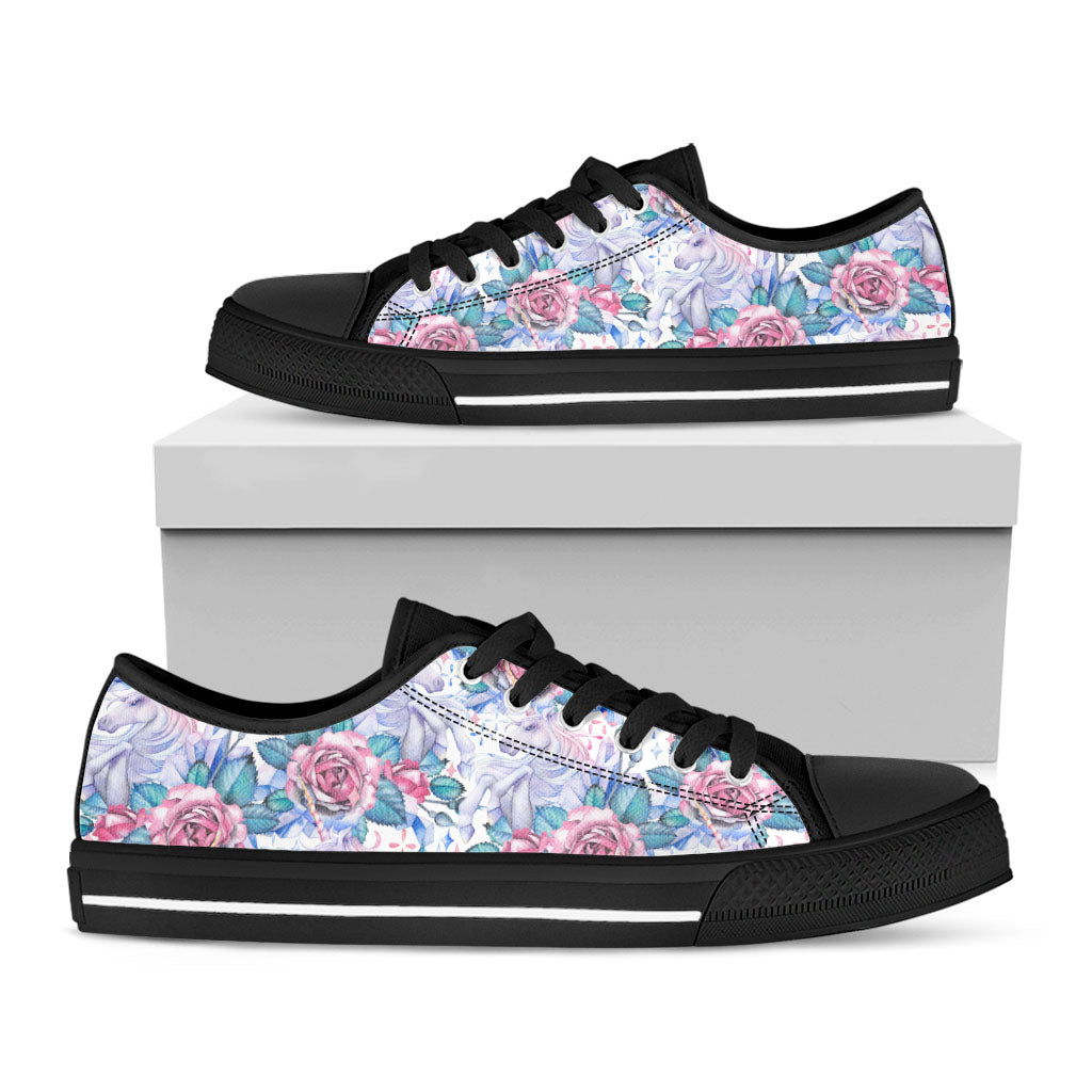 White Fairy Rose Unicorn Pattern Print Black Low Top Sneakers