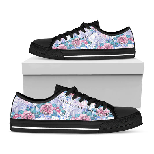 White Fairy Rose Unicorn Pattern Print Black Low Top Sneakers