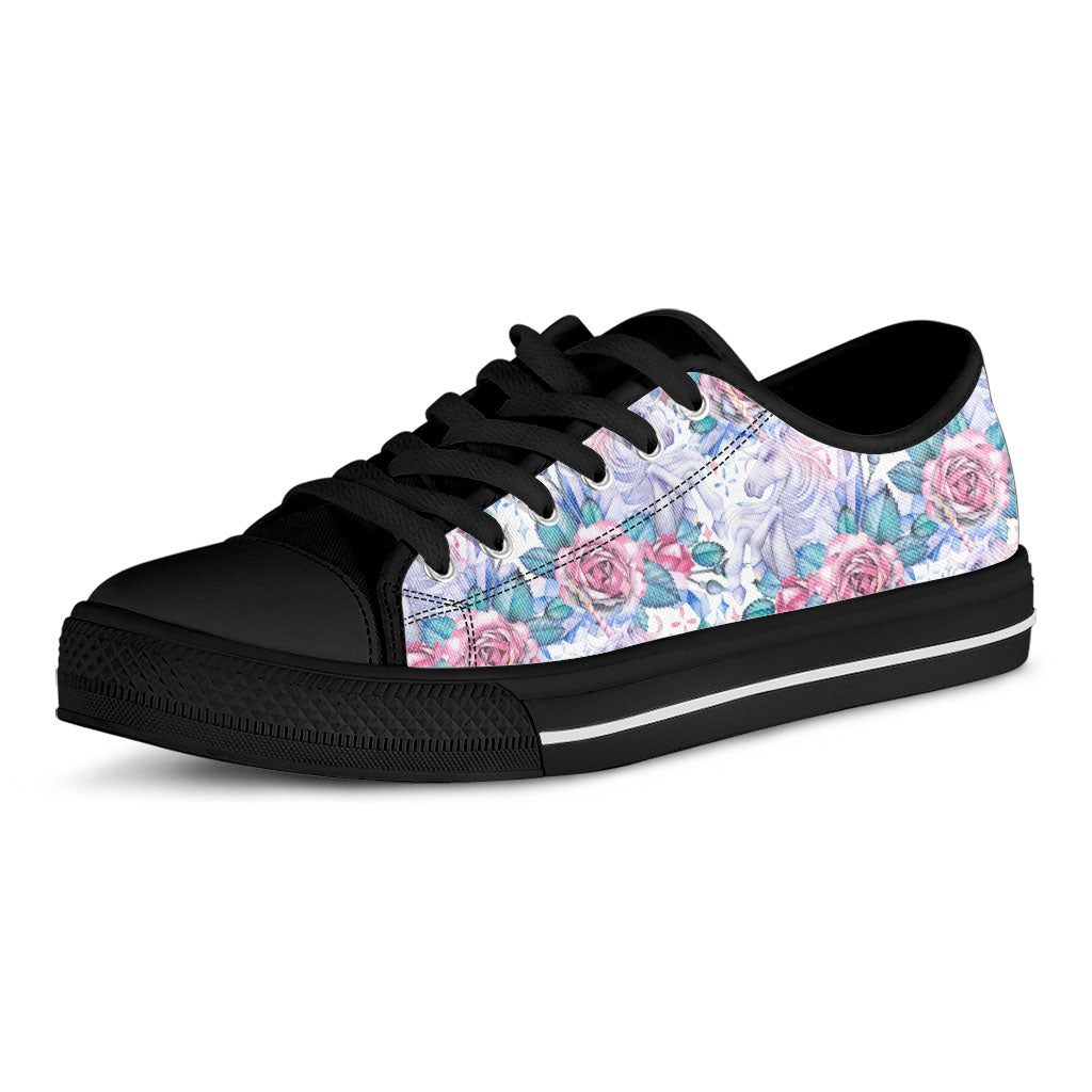 White Fairy Rose Unicorn Pattern Print Black Low Top Sneakers