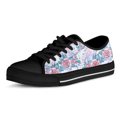 White Fairy Rose Unicorn Pattern Print Black Low Top Sneakers