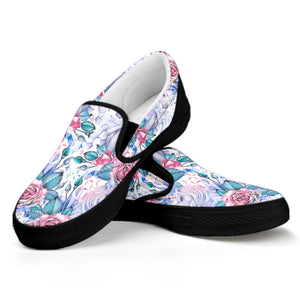 White Fairy Rose Unicorn Pattern Print Black Slip On Sneakers