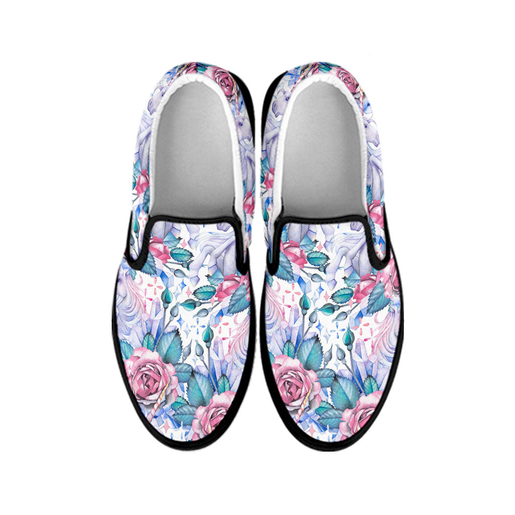 White Fairy Rose Unicorn Pattern Print Black Slip On Sneakers