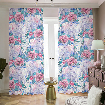 White Fairy Rose Unicorn Pattern Print Blackout Pencil Pleat Curtains