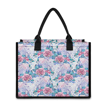 White Fairy Rose Unicorn Pattern Print Canvas Tote Bag