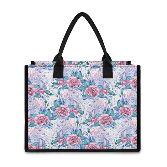 White Fairy Rose Unicorn Pattern Print Canvas Tote Bag