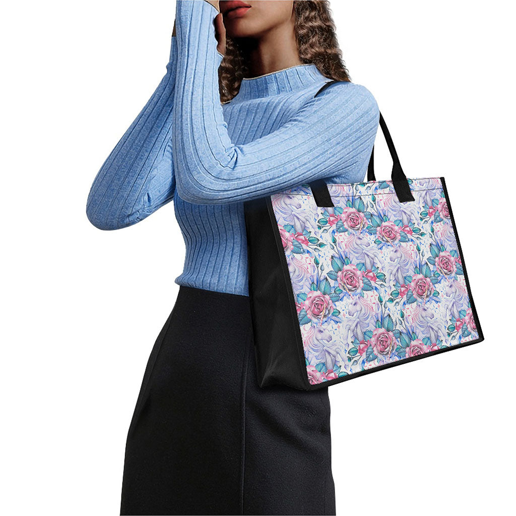 White Fairy Rose Unicorn Pattern Print Canvas Tote Bag