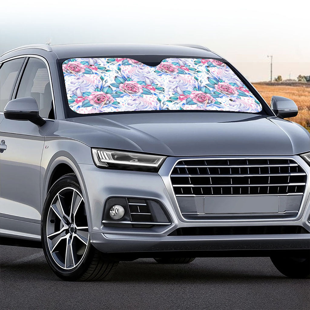 White Fairy Rose Unicorn Pattern Print Car Windshield Sun Shade