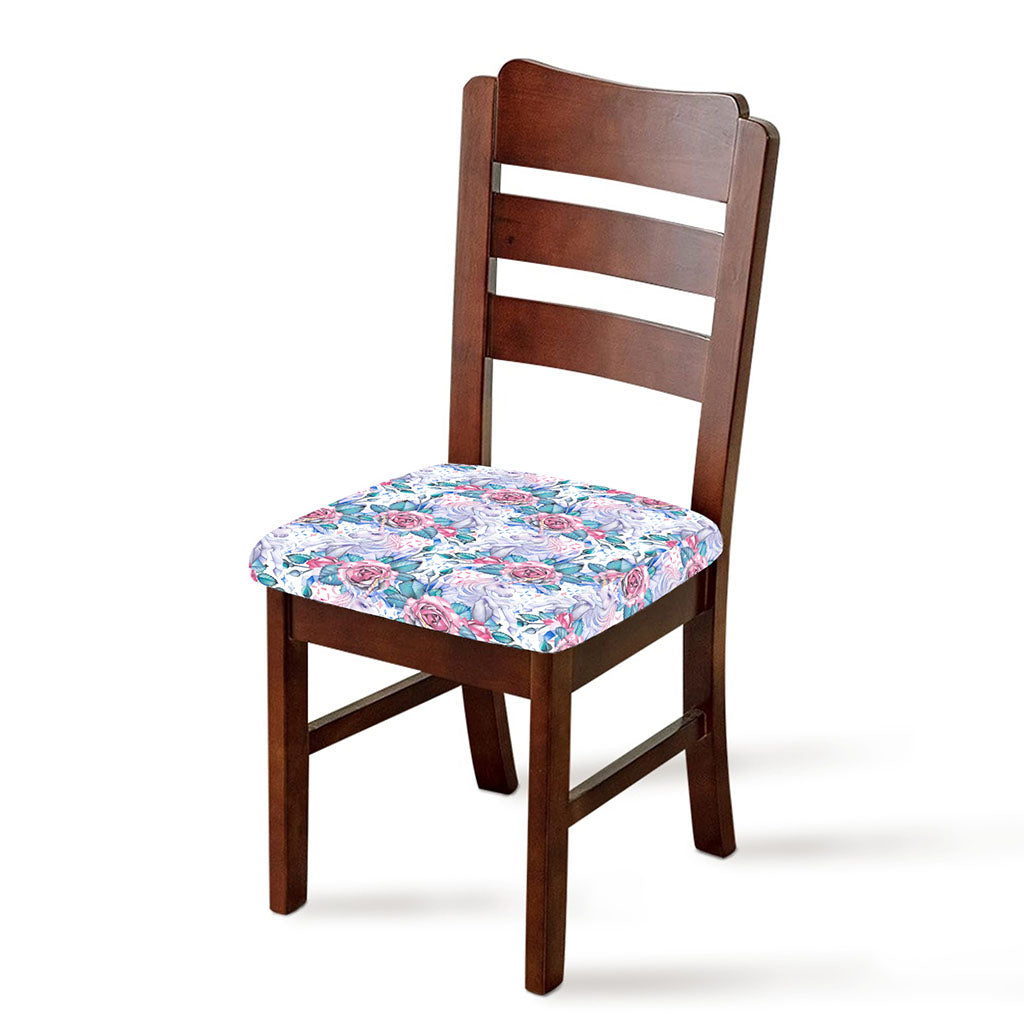 White Fairy Rose Unicorn Pattern Print Chair Cushion Cover