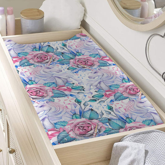 White Fairy Rose Unicorn Pattern Print Changing Pad Cover