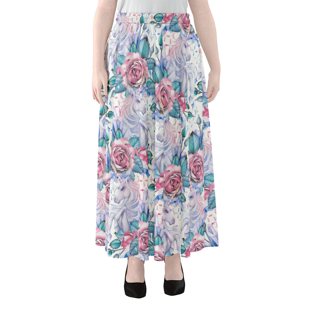 White Fairy Rose Unicorn Pattern Print Chiffon Maxi Skirt