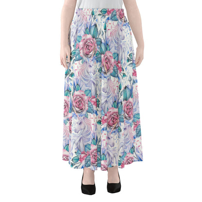 White Fairy Rose Unicorn Pattern Print Chiffon Maxi Skirt