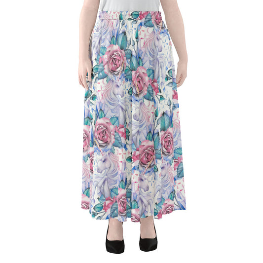 White Fairy Rose Unicorn Pattern Print Chiffon Maxi Skirt
