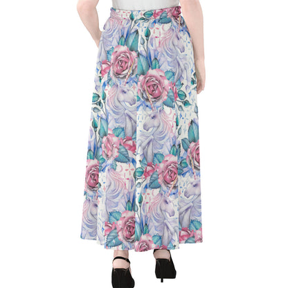 White Fairy Rose Unicorn Pattern Print Chiffon Maxi Skirt