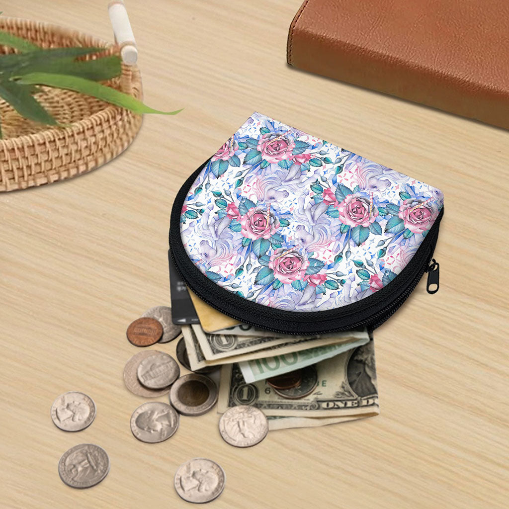 White Fairy Rose Unicorn Pattern Print Coin Purse