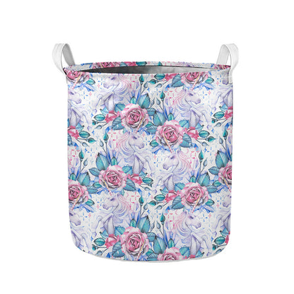 White Fairy Rose Unicorn Pattern Print Collapsible Laundry Basket