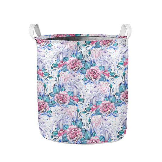 White Fairy Rose Unicorn Pattern Print Collapsible Laundry Basket