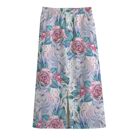 White Fairy Rose Unicorn Pattern Print Cotton Front Slit Maxi Skirt