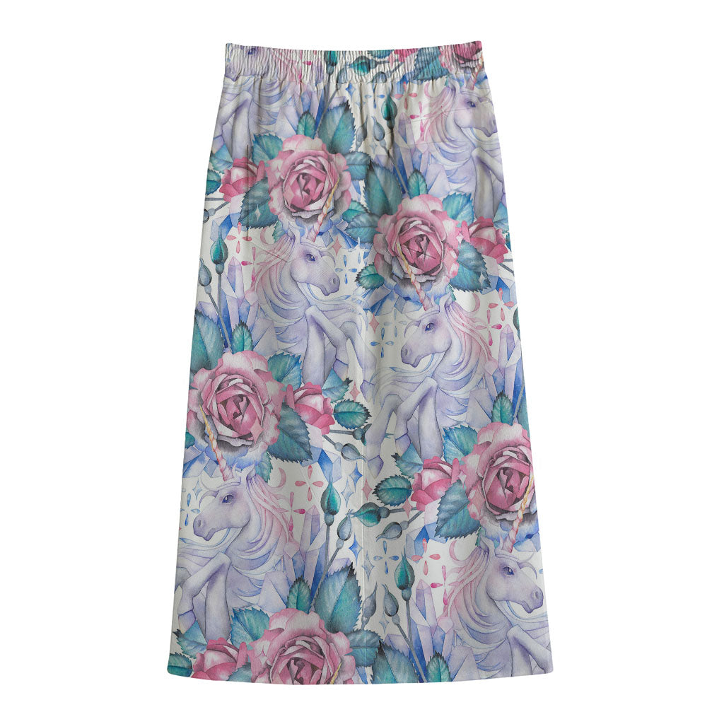 White Fairy Rose Unicorn Pattern Print Cotton Front Slit Maxi Skirt