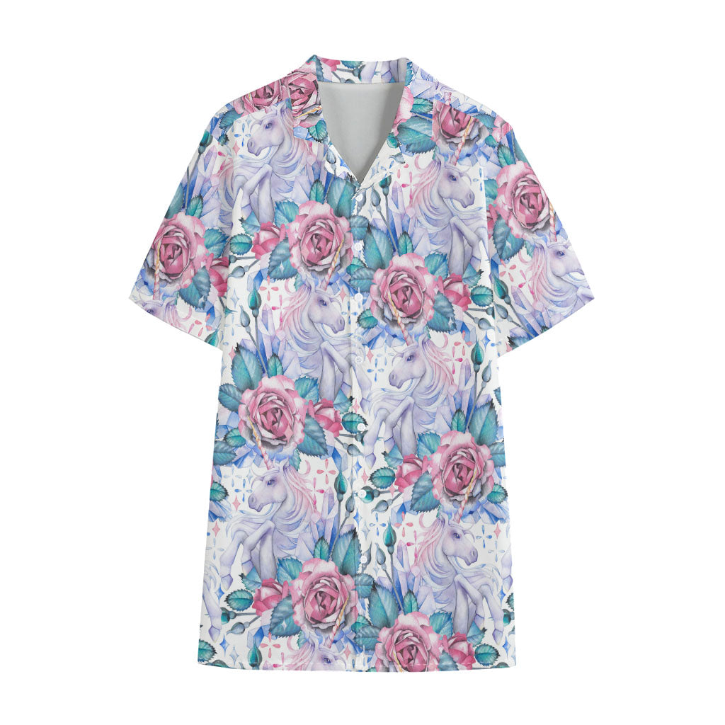 White Fairy Rose Unicorn Pattern Print Cotton Hawaiian Shirt