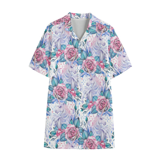 White Fairy Rose Unicorn Pattern Print Cotton Hawaiian Shirt