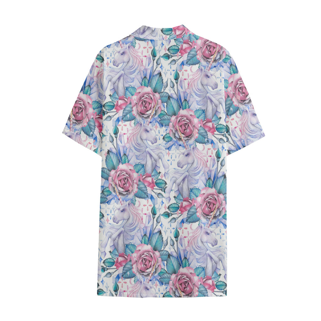 White Fairy Rose Unicorn Pattern Print Cotton Hawaiian Shirt