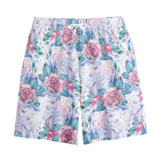 White Fairy Rose Unicorn Pattern Print Cotton Shorts