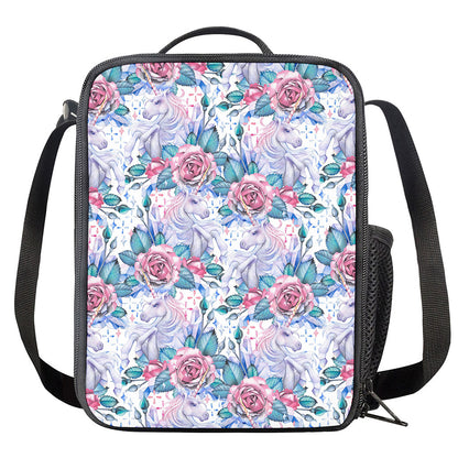 White Fairy Rose Unicorn Pattern Print Crossbody Lunch Bag