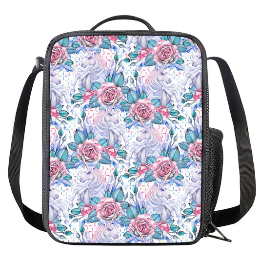White Fairy Rose Unicorn Pattern Print Crossbody Lunch Bag