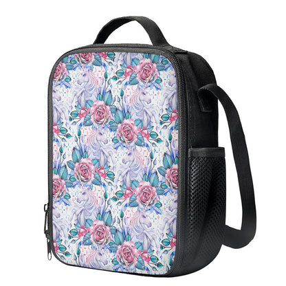 White Fairy Rose Unicorn Pattern Print Crossbody Lunch Bag