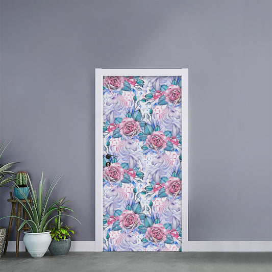 White Fairy Rose Unicorn Pattern Print Door Sticker