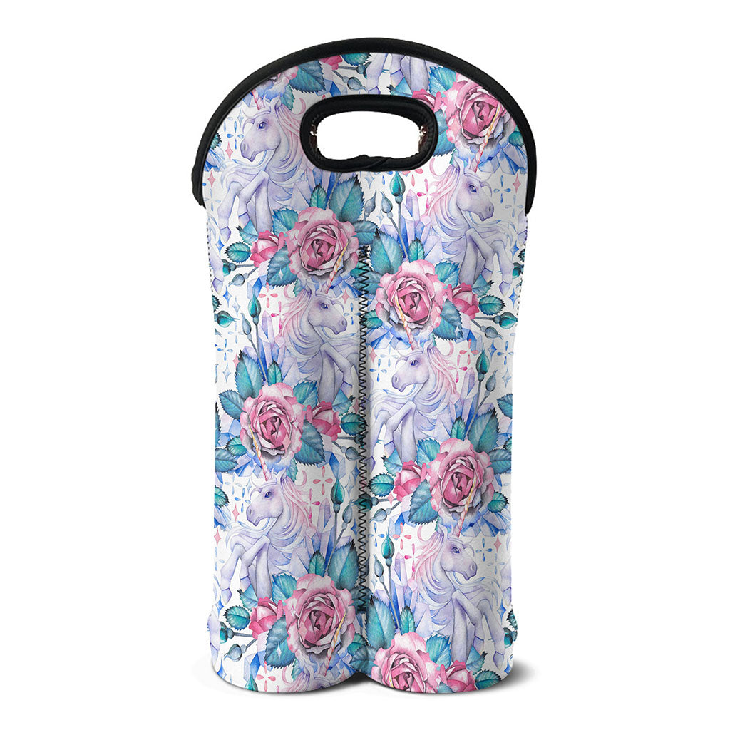 White Fairy Rose Unicorn Pattern Print Double Neoprene Wine Tote