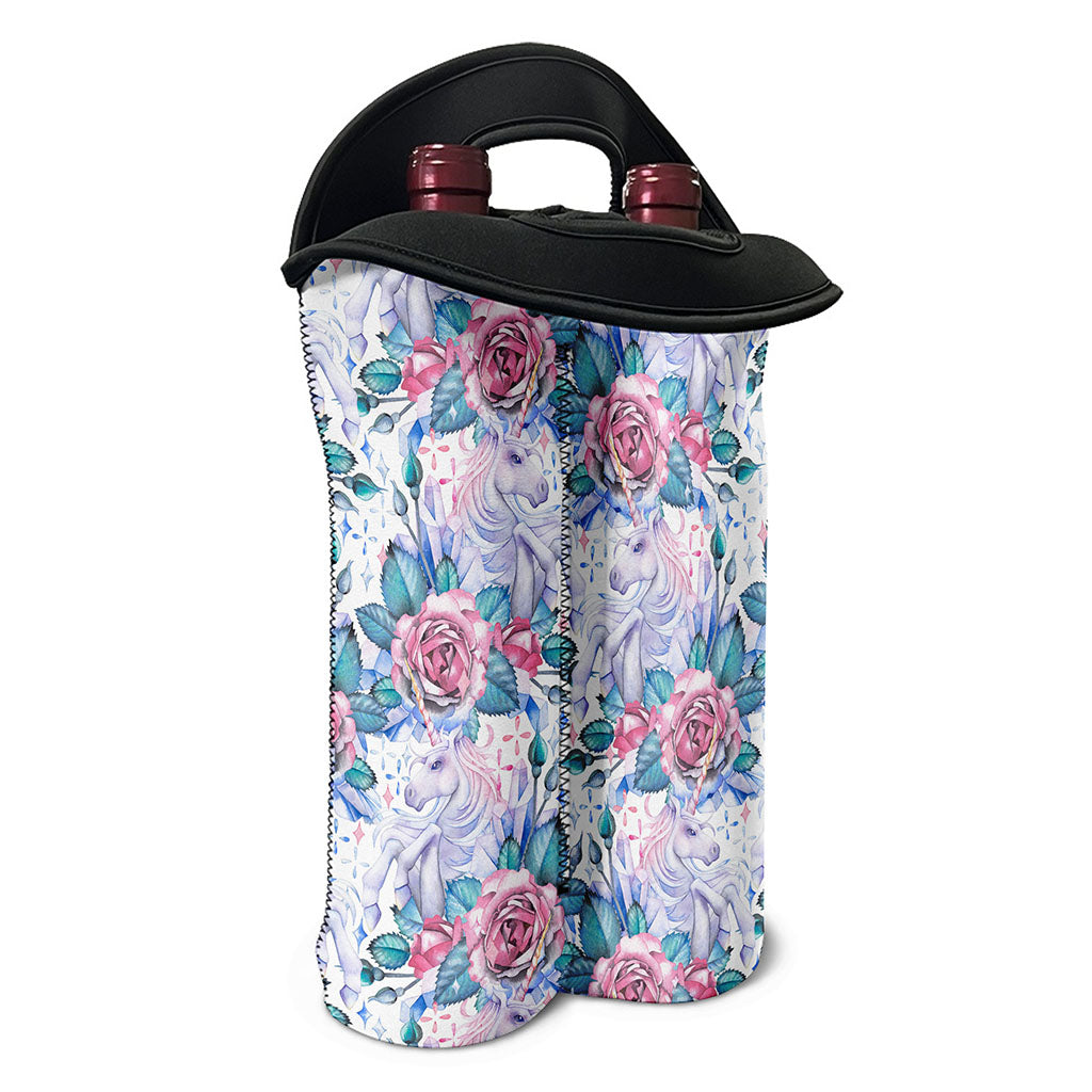 White Fairy Rose Unicorn Pattern Print Double Neoprene Wine Tote